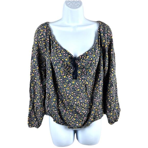 Hollister Blouse Floral Print Off Shoulder Tie Neck Keyhole Back Womens M Casual - Picture 1 of 9